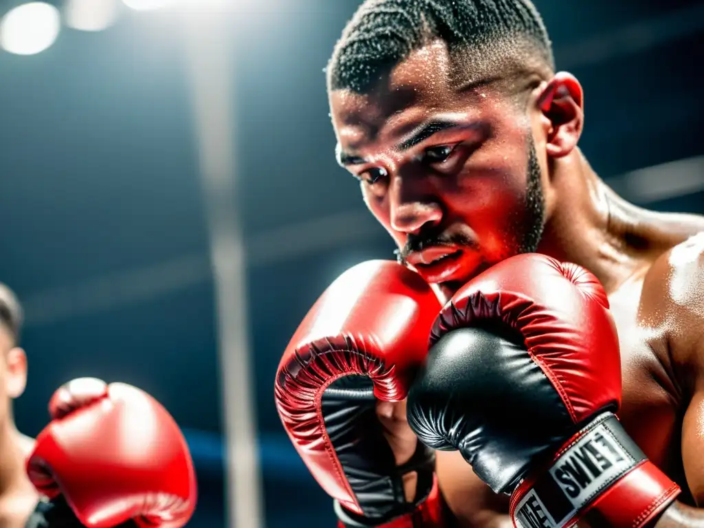 Un boxeador enfocado golpea con precisión un mitt rojo, mostrando determinación y técnica para mejorar golpeo con mitts y paos