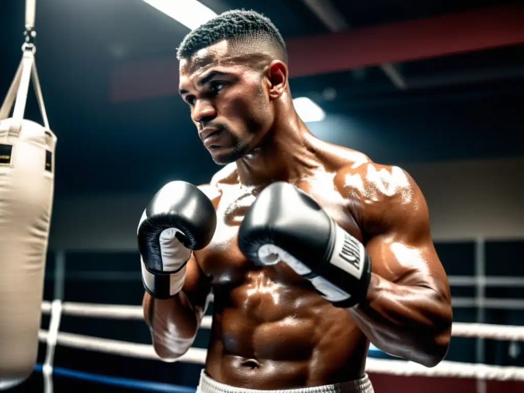 Un boxeador se prepara en un gimnasio, envuelto en intensa determinación