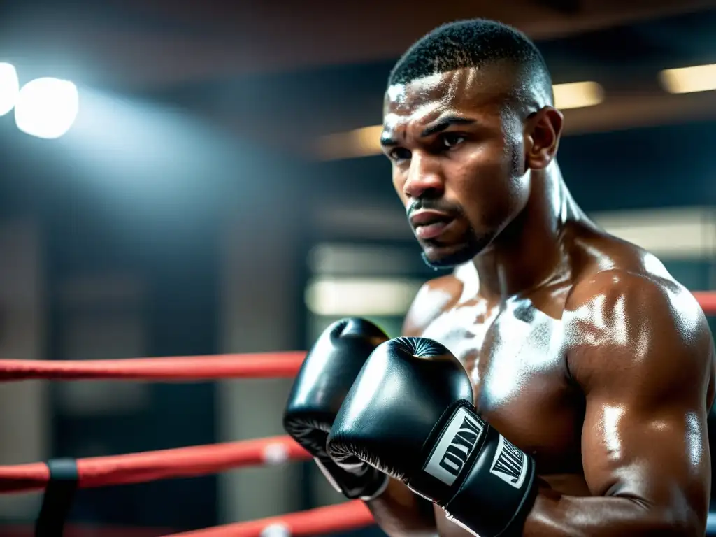 Un boxeador en un gimnasio oscuro y auténtico entrena con determinación con un dispositivo wearable negro en su muñeca