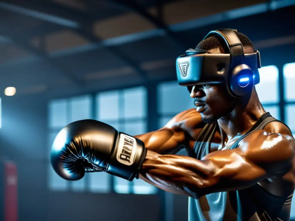 Un boxeador entrena con guantes innovadores y una app de realidad virtual, mostrando la fusión de tradición e innovación en el entrenamiento de boxeo