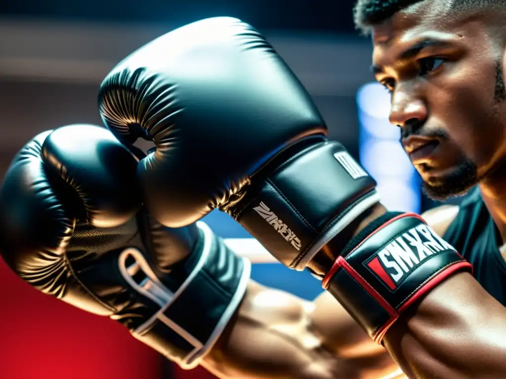 Un boxeador ajustando unos guantes inteligentes para mejorar golpeo, con sensores y pantalla digital, en un ambiente de determinación y dedicación