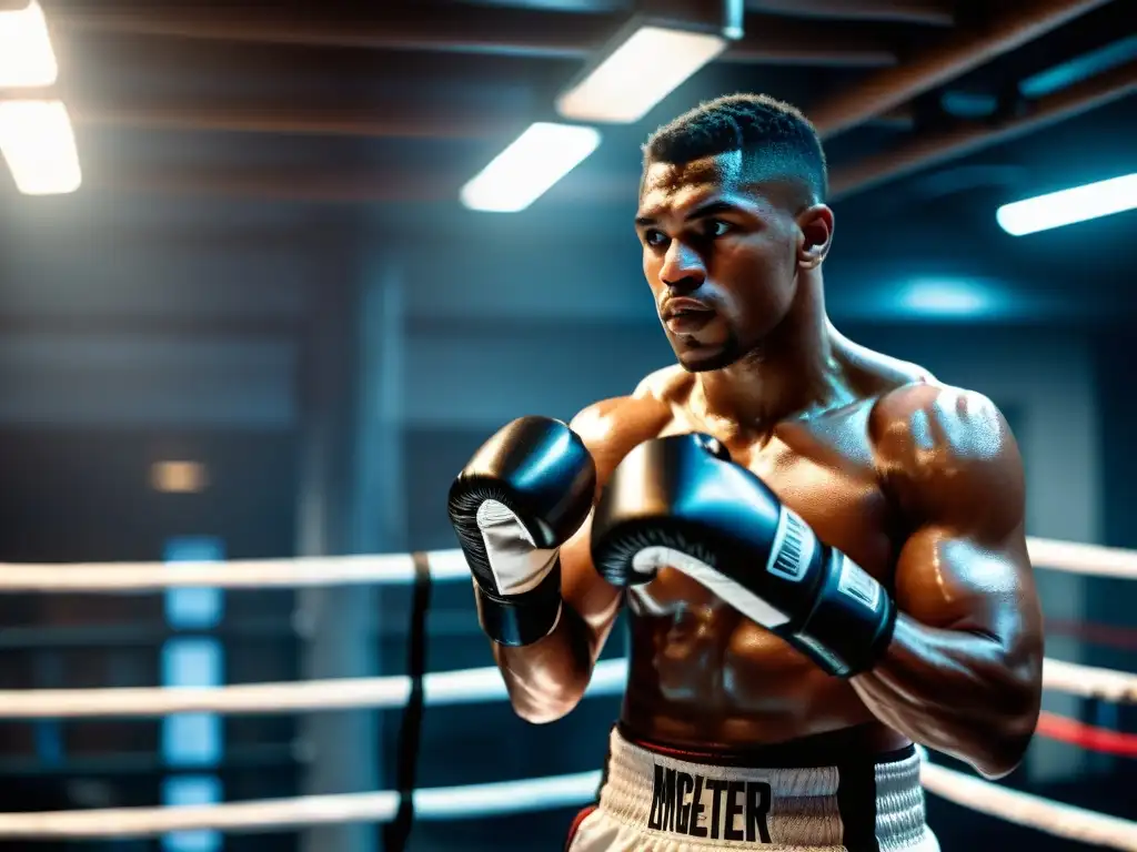 Boxeador con guantes inteligentes para mejorar golpeo, en un gimnasio auténtico y motivador