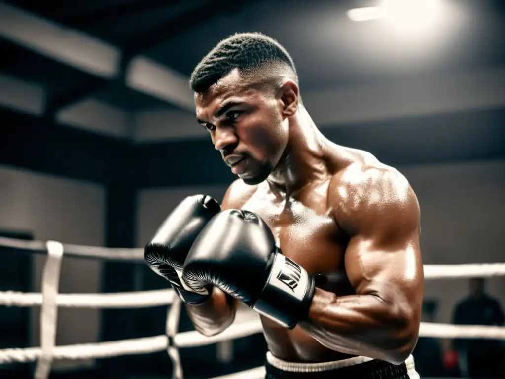 Un boxeador entrenando con intensidad en un gimnasio oscuro y sudoroso