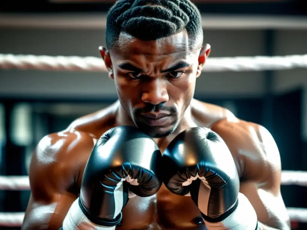 Un boxeador envuelve con determinación sus manos con cinta blanca, preparándose para el entrenamiento en un gimnasio tenue