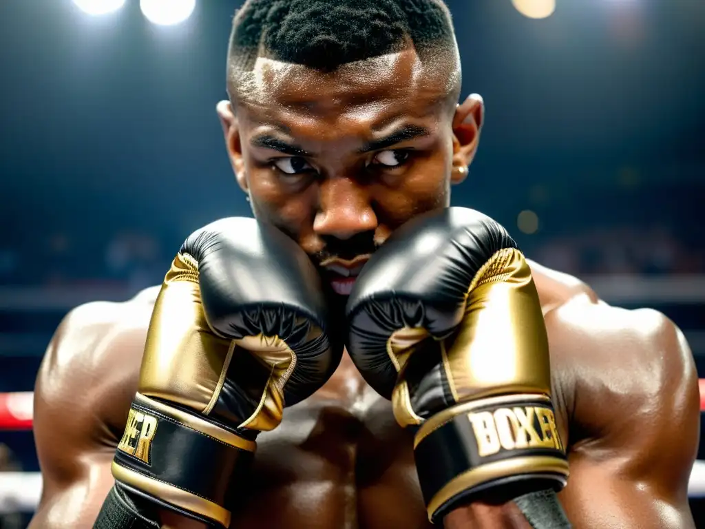 Preparación intensa: envoltura de manos de boxeador en negro y oro Un boxeador se prepara con determinación, envolviendo sus manos en vendas negras y doradas