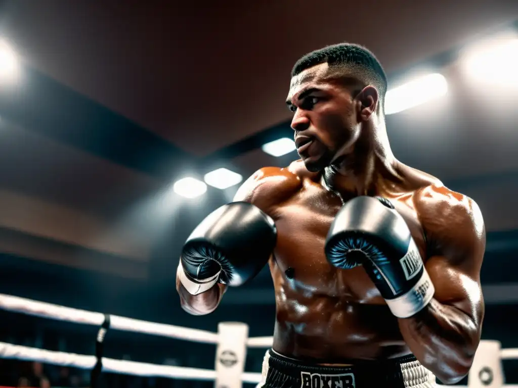 Un boxeador lanza un poderoso golpe a un saco de boxeo en un gimnasio tenue