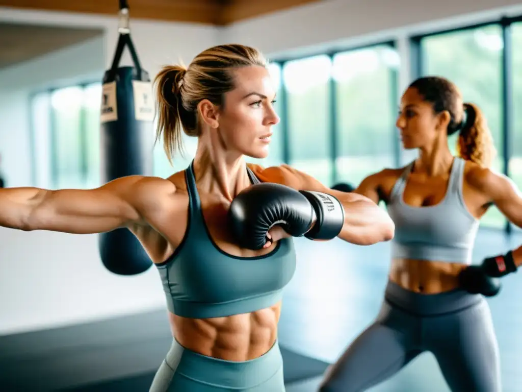 Un boxeador realiza la postura del Guerrero II con determinación en un estudio de yoga, mostrando la combinación de fuerza y flexibilidad