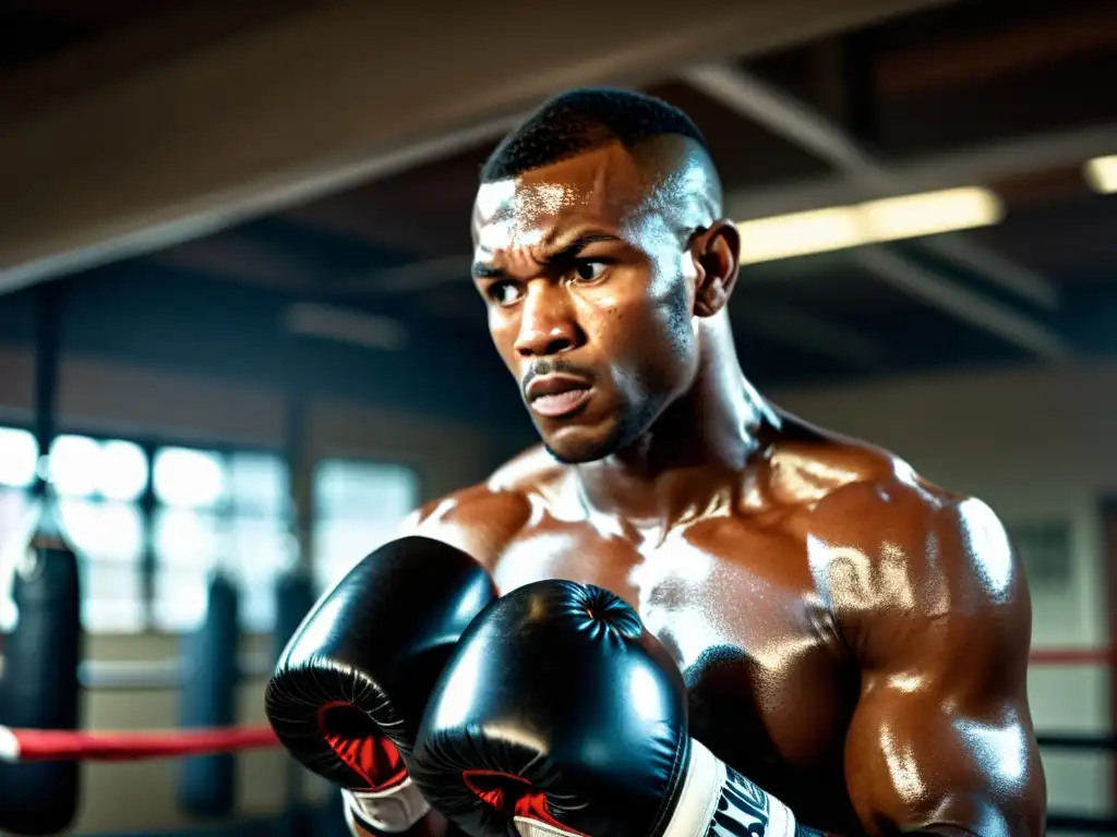 Un boxeador profesional golpea con determinación una bolsa de velocidad en un gimnasio oscuro y rudo