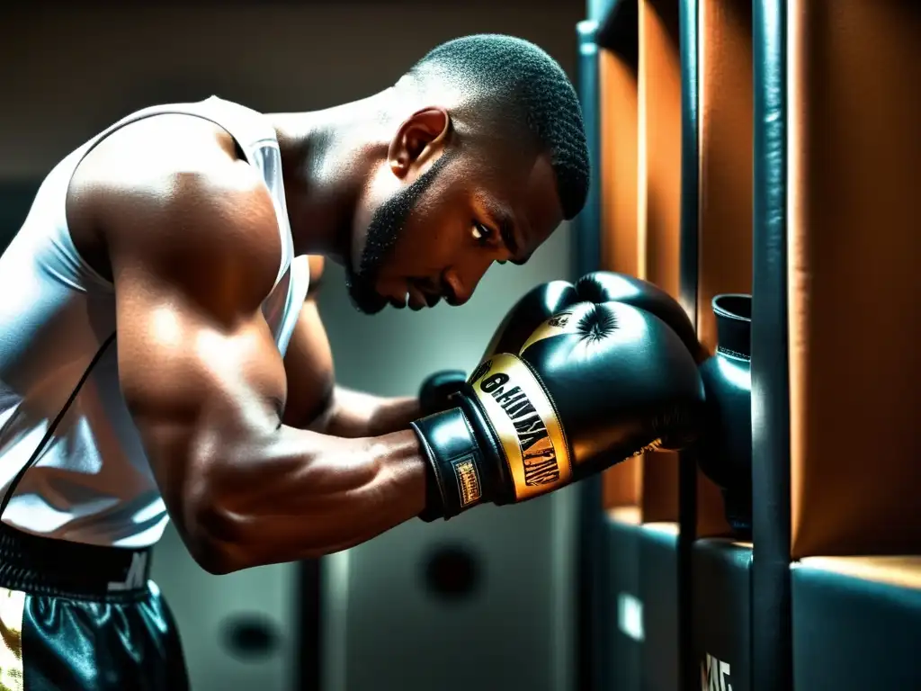 Un boxeador profesional se ata unas botas de boxeo de alta calidad en un vestuario tenue, resaltando su determinación y enfoque