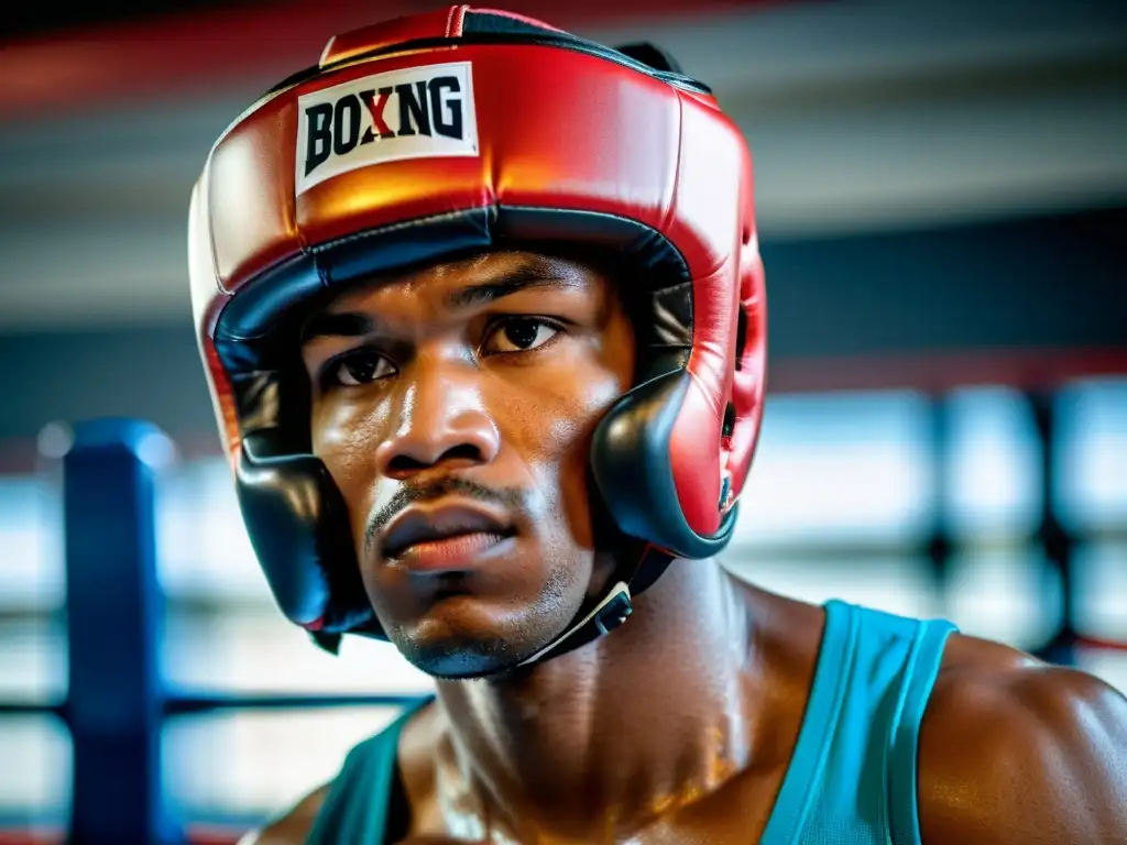 Un boxeador profesional con determinación, usando un casco de boxeo de alta calidad