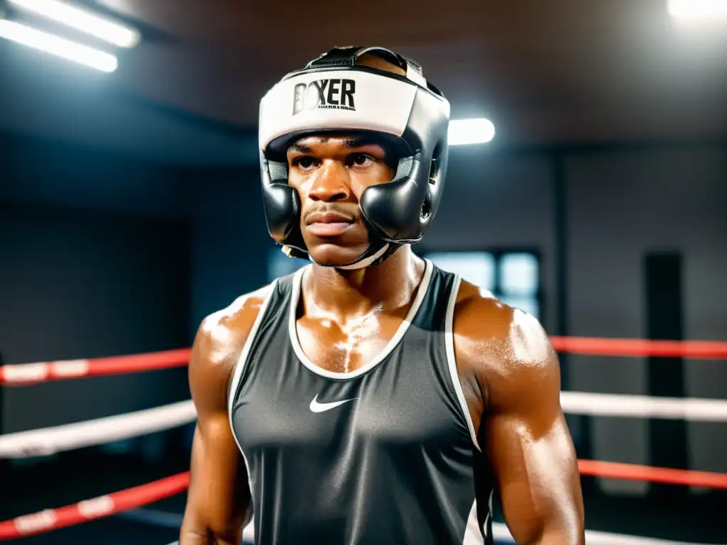 Un boxeador profesional con casco de boxeo de alta calidad en un gimnasio oscuro y auténtico