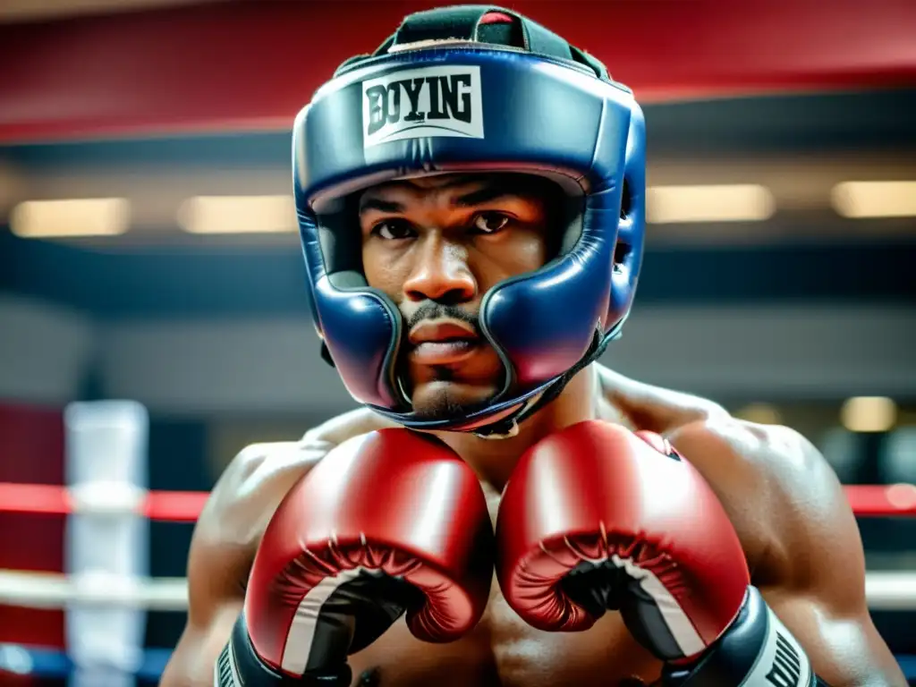 Un boxeador profesional con casco de parrilla se prepara para el sparring en un gimnasio, destacando la seguridad y la determinación en el boxeo