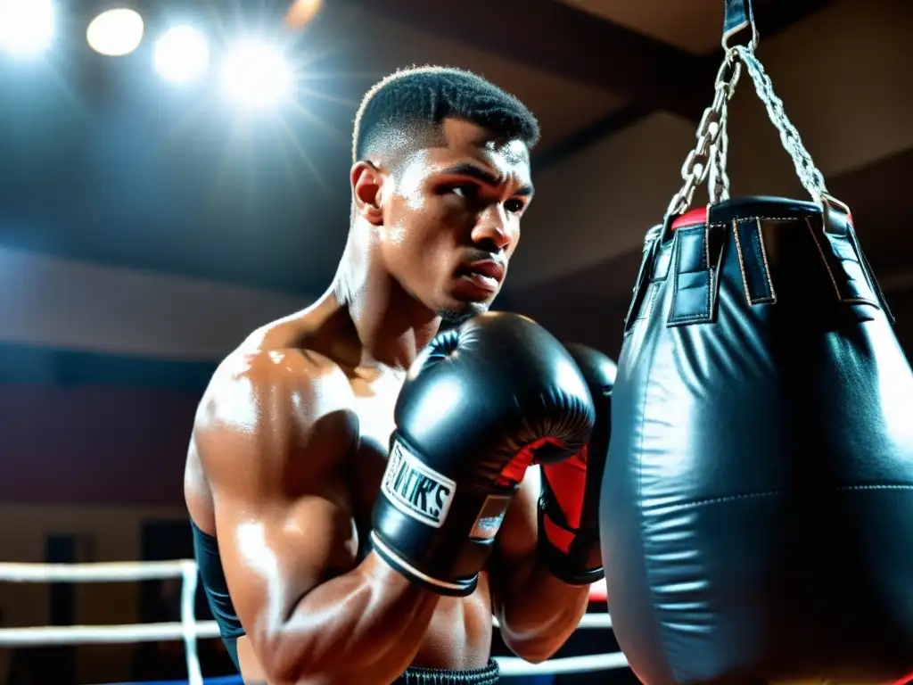 Un boxeador profesional concentrado en su entrenamiento, golpeando una bolsa de velocidad con determinación en un gimnasio auténtico