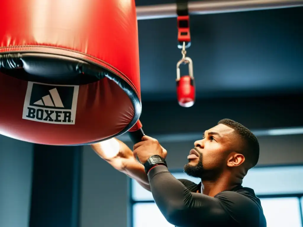 Boxeador ajustando con precisión el saco de boxeo Un boxeador profesional inspecciona con cuidado la instalación segura de saco de boxeo, transmitiendo precisión y dedicación a la seguridad