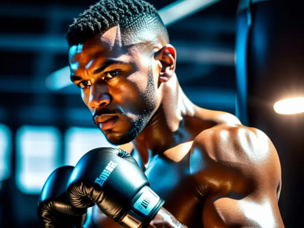 Un boxeador profesional se entrena con determinación, usando un dispositivo wearable en su muñeca