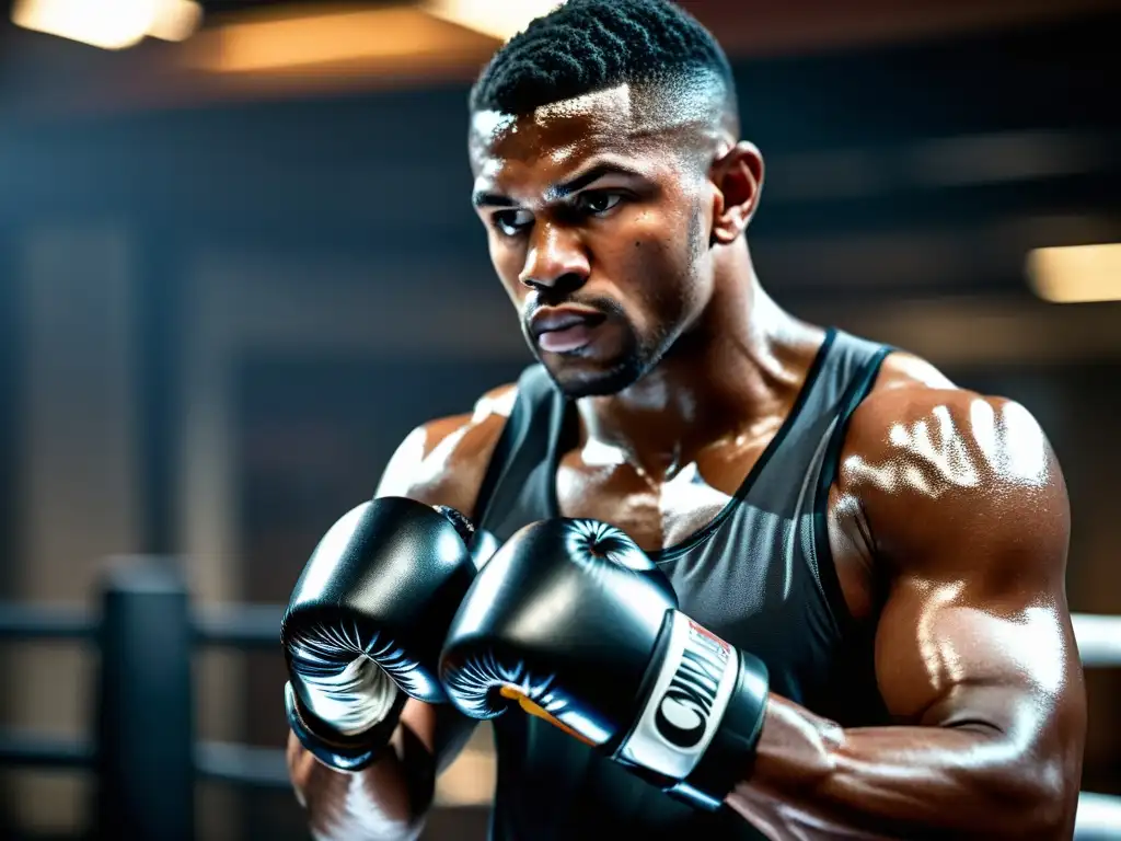 Un boxeador profesional con determinación, usando un dispositivo wearable negro en una atmósfera de gimnasio de boxeo