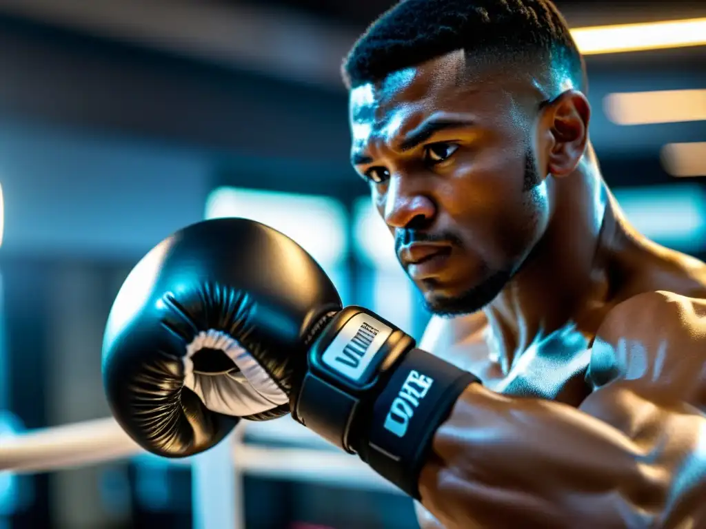 Un boxeador profesional con un dispositivo wearable en la muñeca, entrenando intensamente en un gimnasio tenue