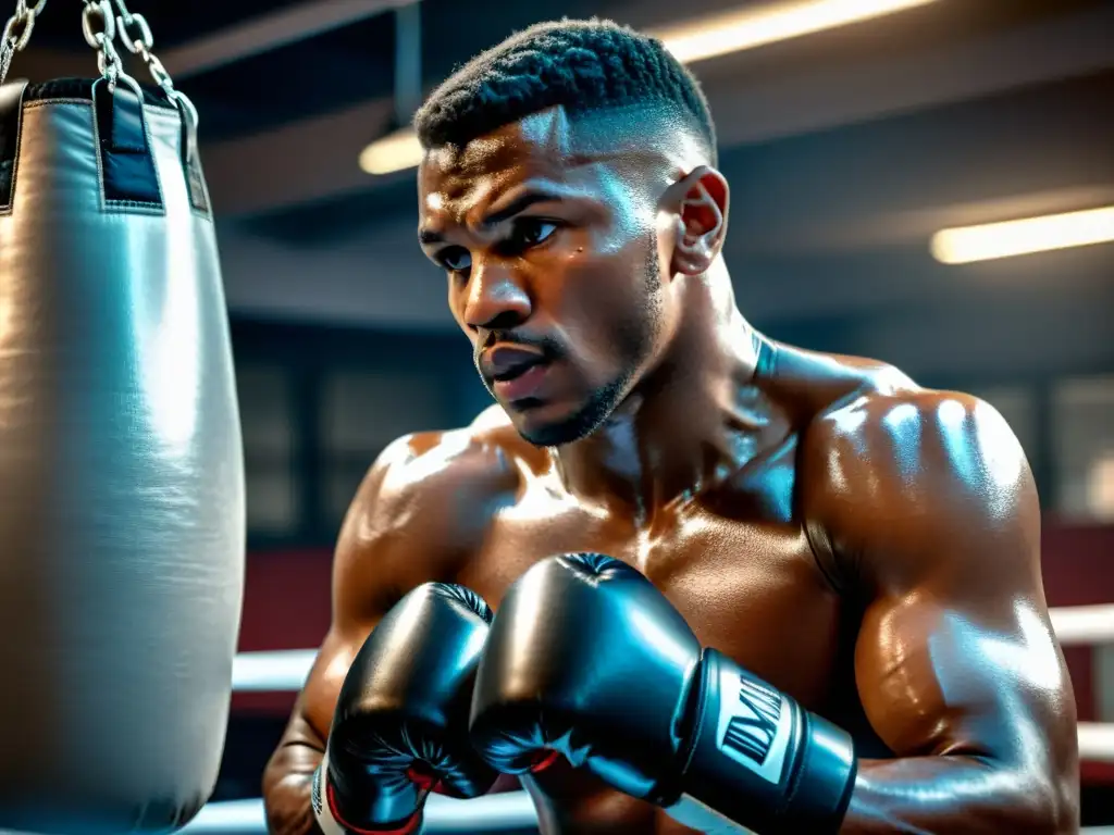 Un boxeador profesional concentra toda su energía en golpear un saco de velocidad, mostrando la precisión y dedicación del entrenamiento