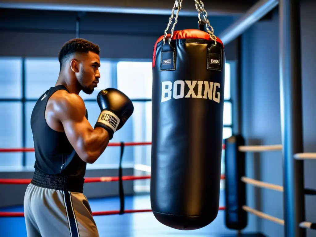 Un boxeador profesional golpea con fuerza un saco de boxeo con sensores, transmitiendo la intensidad del entrenamiento