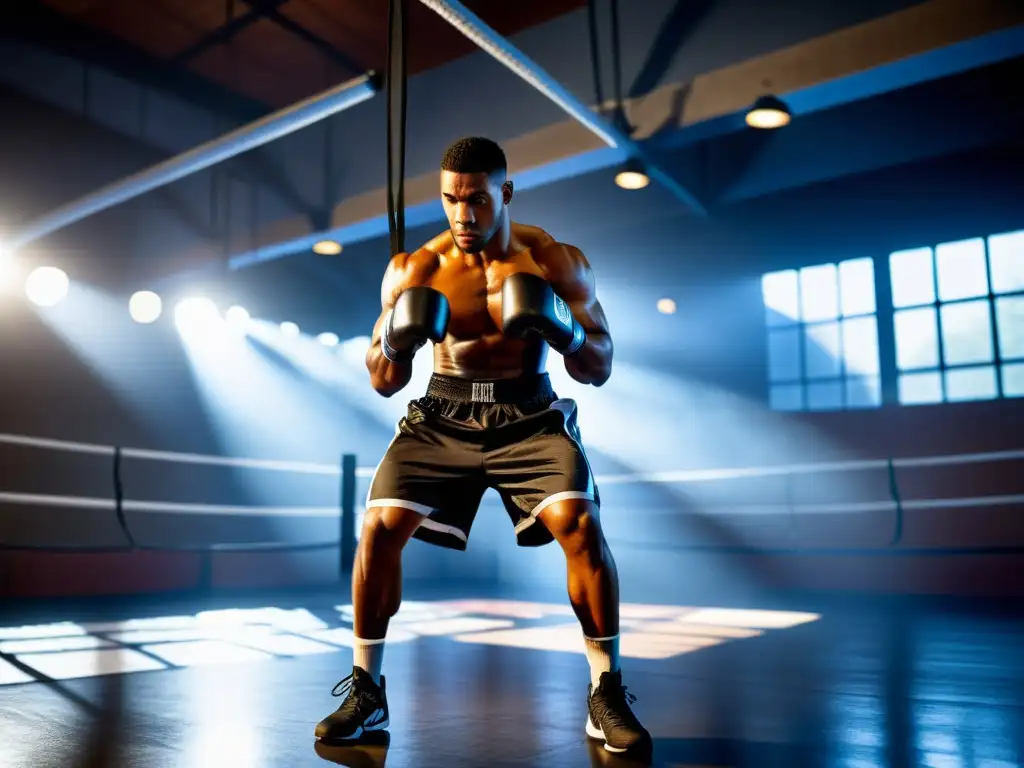 Un boxeador profesional se entrena con determinación en un gimnasio, usando cuerdas para saltar