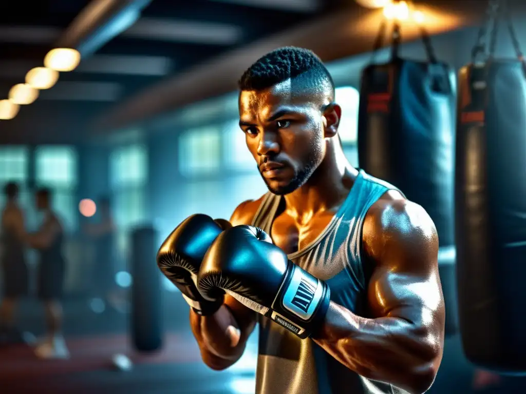 Un boxeador profesional entrena con determinación en un gimnasio, usando un moderno wearable para arte marcial