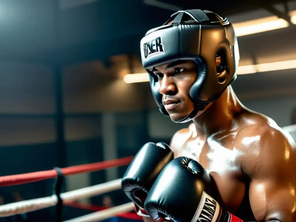 Un boxeador profesional se prepara para entrenar en un gimnasio oscuro y áspero, luciendo un casco de boxeo de alta calidad