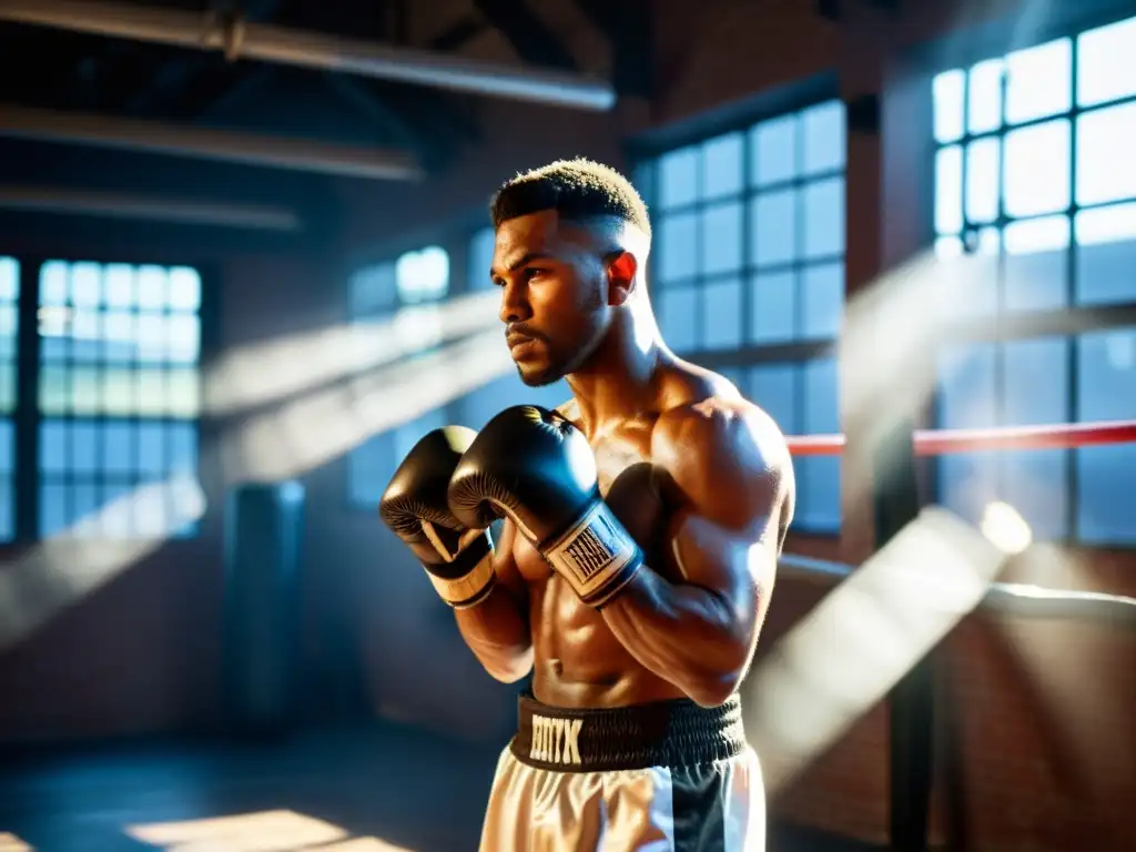 Un boxeador profesional en un gimnasio urbano, concentrado en su entrenamiento con bolsas de velocidad