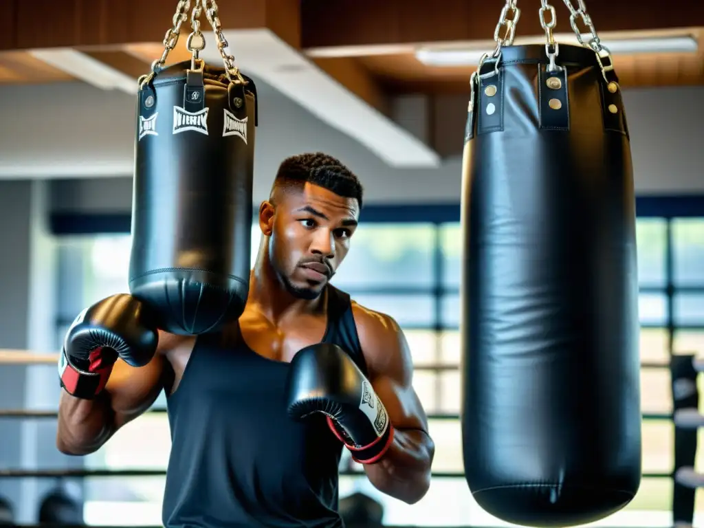 Boxeador profesional inspeccionando el montaje seguro de un saco de boxeo Boxeador profesional inspecciona la instalación segura del saco de boxeo en un gimnasio espacioso y bien iluminado