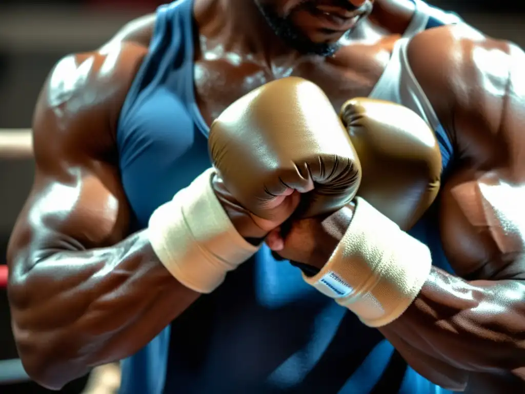 Un boxeador profesional envuelve cuidadosamente sus manos con cinta antes de ponerse los guantes, en un ambiente de gimnasio intenso y dedicado