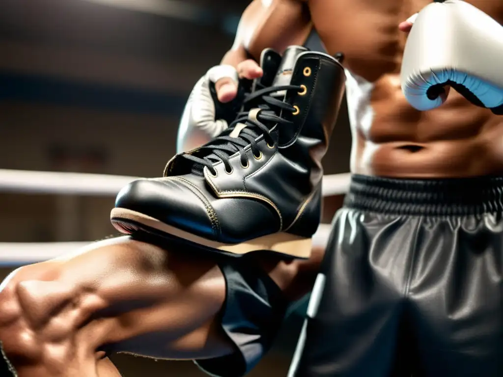 Un boxeador profesional ata sus mejores botas de boxeo para rendimiento óptimo, en un gimnasio dramático y tenso