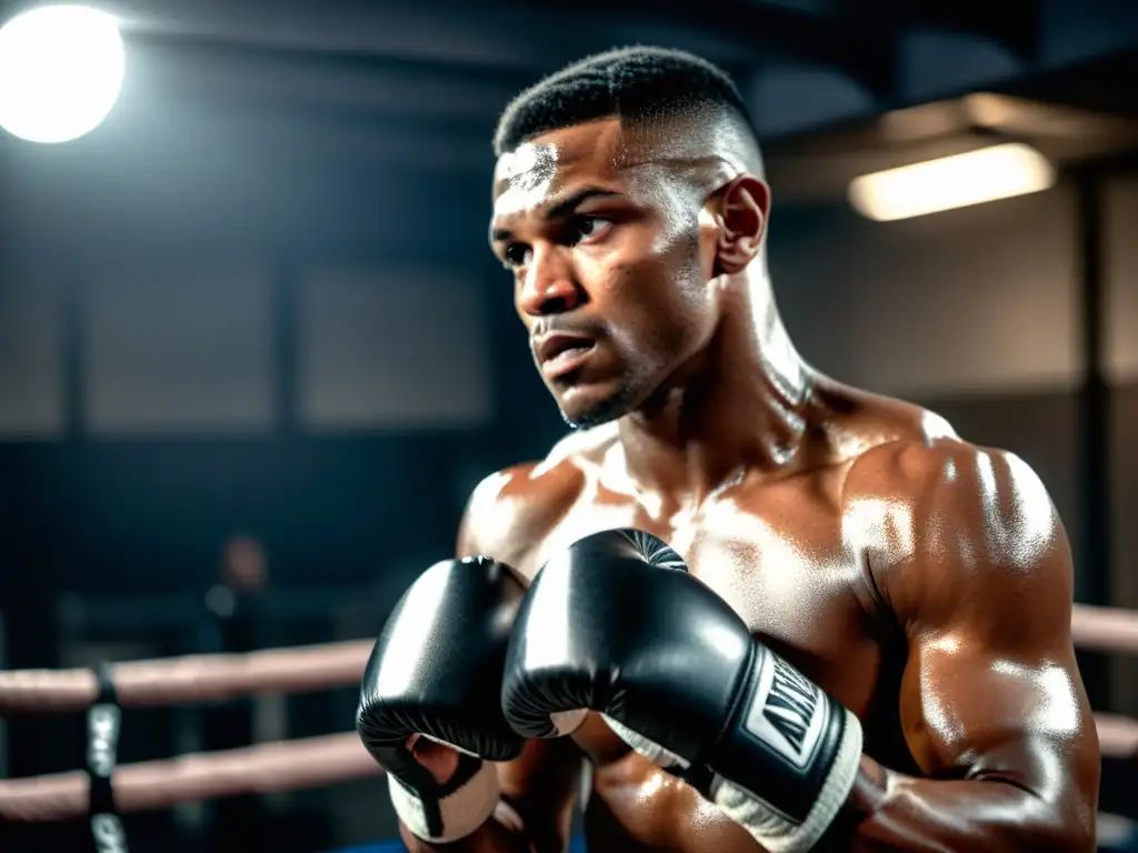 Un boxeador profesional entrenando con los mejores focos y paos de entrenamiento en un gimnasio urbano oscuro, mostrando determinación y fuerza