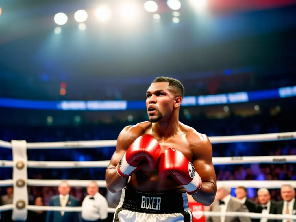 Mirada implacable del boxeador: estrategia y determinación en el ring Un boxeador profesional con mirada intensa y determinación estratégica en el ring, rodeado de movimiento borroso y la emoción del público