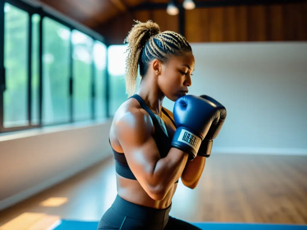 Un boxeador profesional se estira en una postura de yoga en un estudio lleno de luz natural