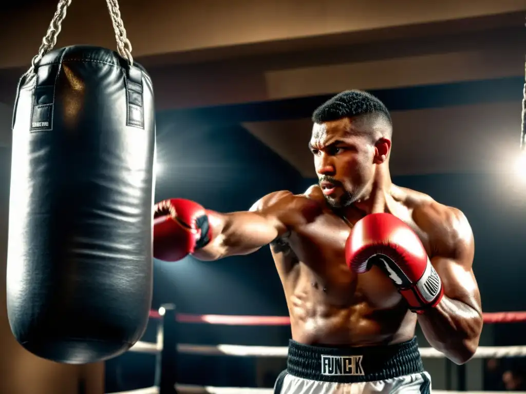 Un boxeador profesional lanza un potente golpe a un saco de boxeo en un gimnasio con iluminación tenue, mostrando determinación y sudor