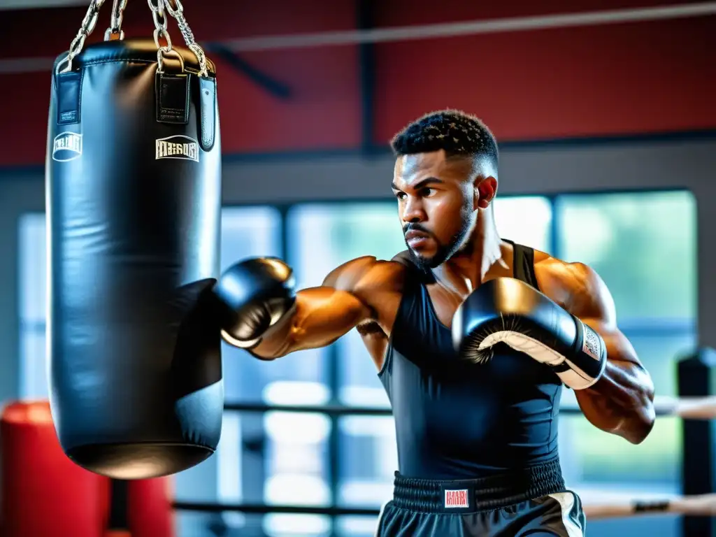 Un boxeador profesional lanza un potente golpe a un saco de boxeo con sensores en un gimnasio, exhibiendo técnica y determinación