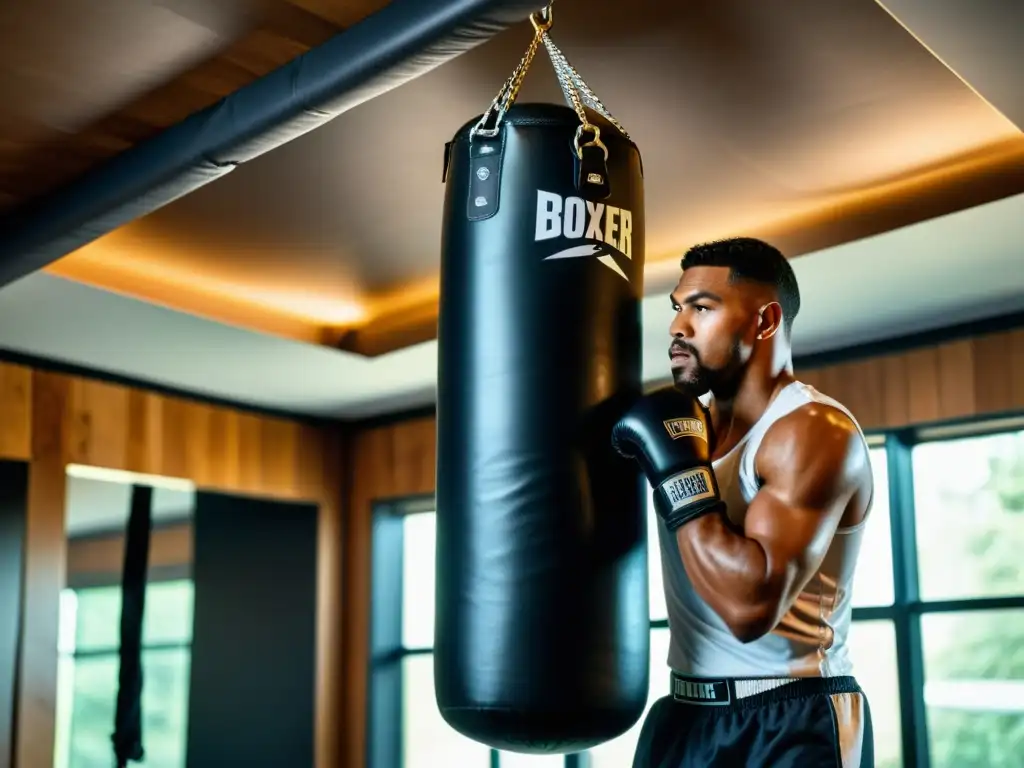 Instalación profesional de bolsa de boxeo en casa con detalle Un boxeador profesional instala con precisión un saco de boxeo en un gimnasio en casa, mostrando confianza y destreza
