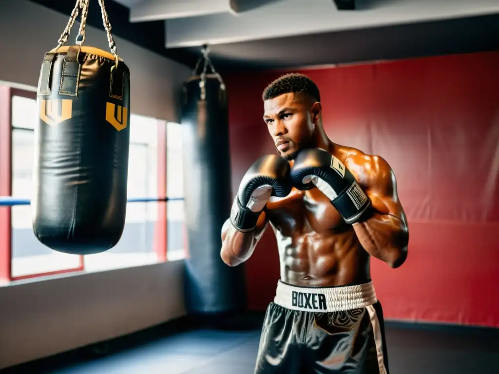 Un boxeador profesional golpea un saco de boxeo con intensidad en un gimnasio bien equipado