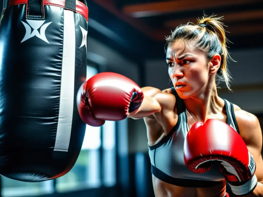 Un boxeador profesional golpea un saco de boxeo con sensores, mostrando intensidad y dedicación en su entrenamiento