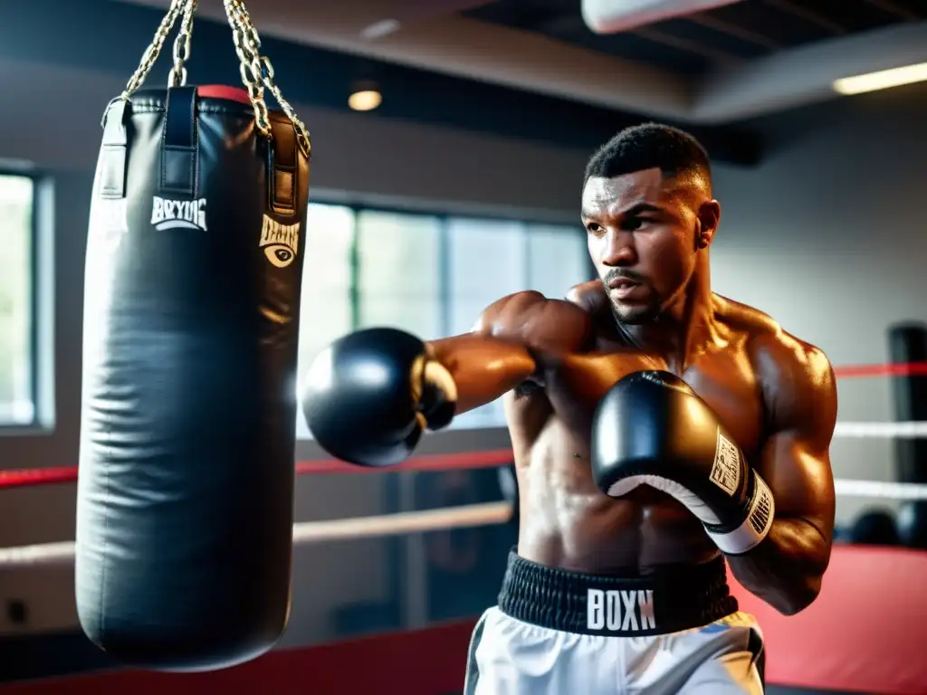 Un boxeador profesional se concentra en golpear un saco de boxeo con sensores en un gimnasio tenue, mientras su entrenador observa atentamente