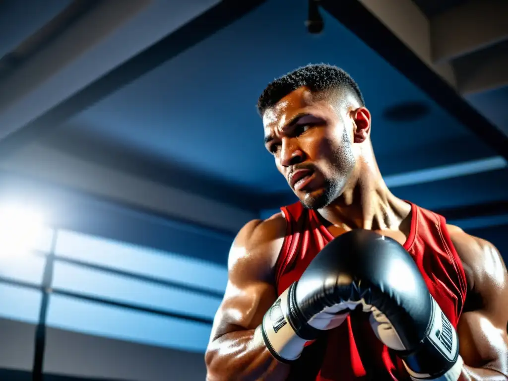 Un boxeador profesional golpea un saco de boxeo con sensor, mostrando intensidad y dedicación durante el entrenamiento