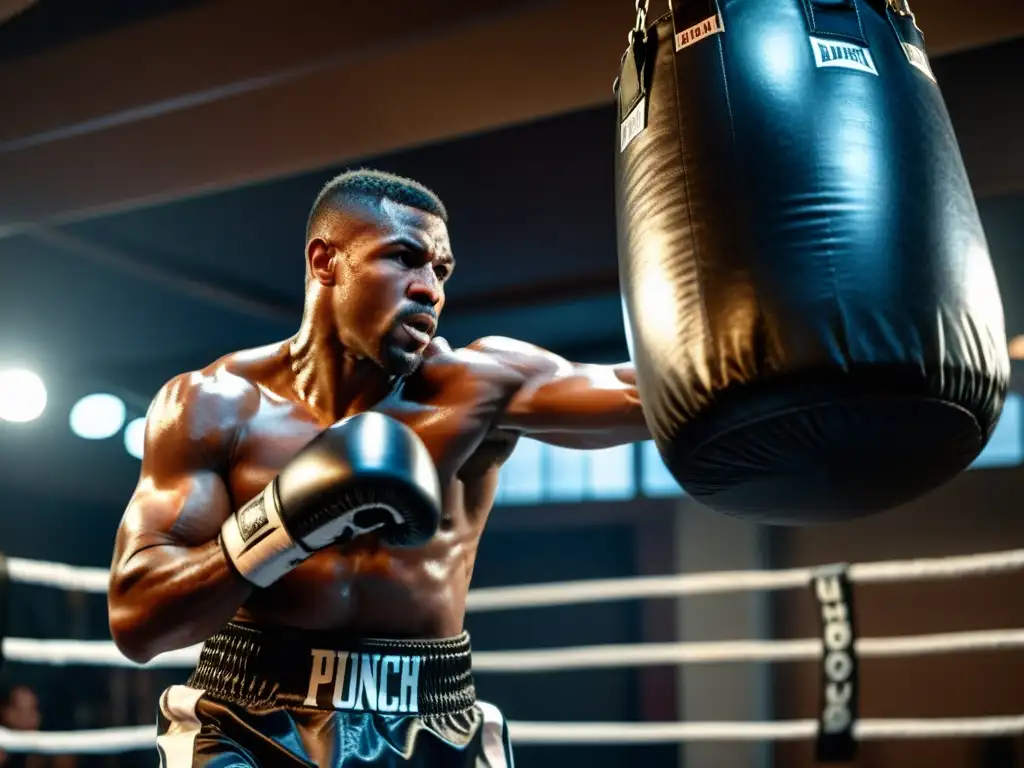 Un boxeador profesional golpea con determinación un saco de boxeo en un gimnasio, rodeado de una atmósfera de entrenamiento intenso