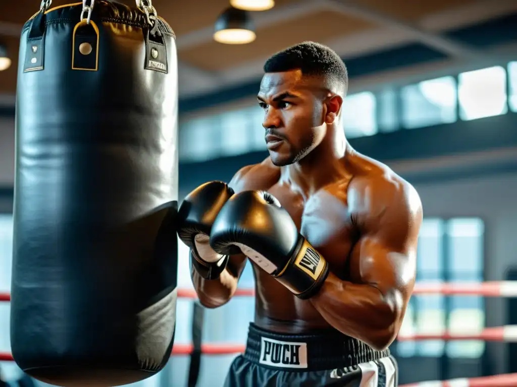 Un boxeador profesional golpea un saco de boxeo en un gimnasio, resaltando la durabilidad del soporte