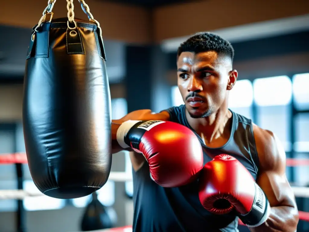 Un boxeador profesional se concentra antes de golpear el saco de velocidad en un gimnasio auténtico