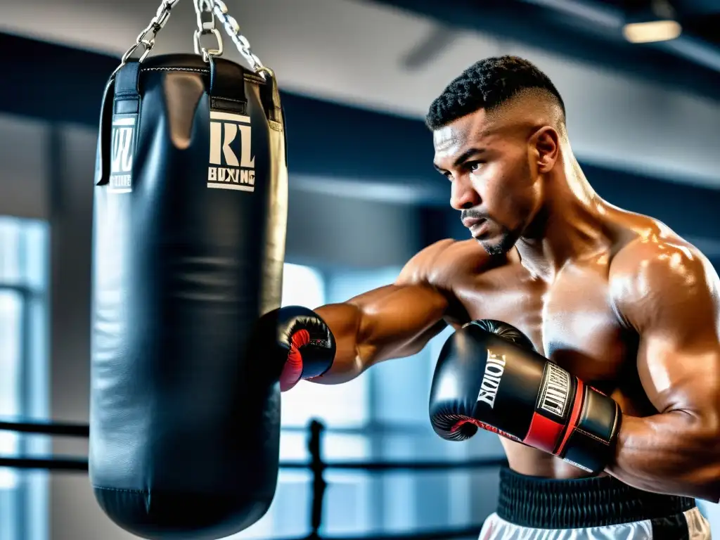 Un boxeador profesional entrenando con sacos de boxeo inteligentes innovadores en un gimnasio de alta tecnología, mostrando precisión y dedicación