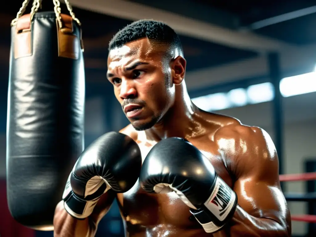 Un boxeador profesional practica su técnica en un gimnasio oscuro y auténtico, transmitiendo la intensidad del entrenamiento de boxeo