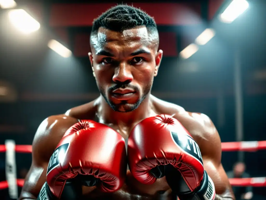 Un boxeador profesional con vendas rojas y guantes negros se prepara para mejorar técnica golpeo con mitts y paos en un gimnasio de boxeo oscuro y auténtico