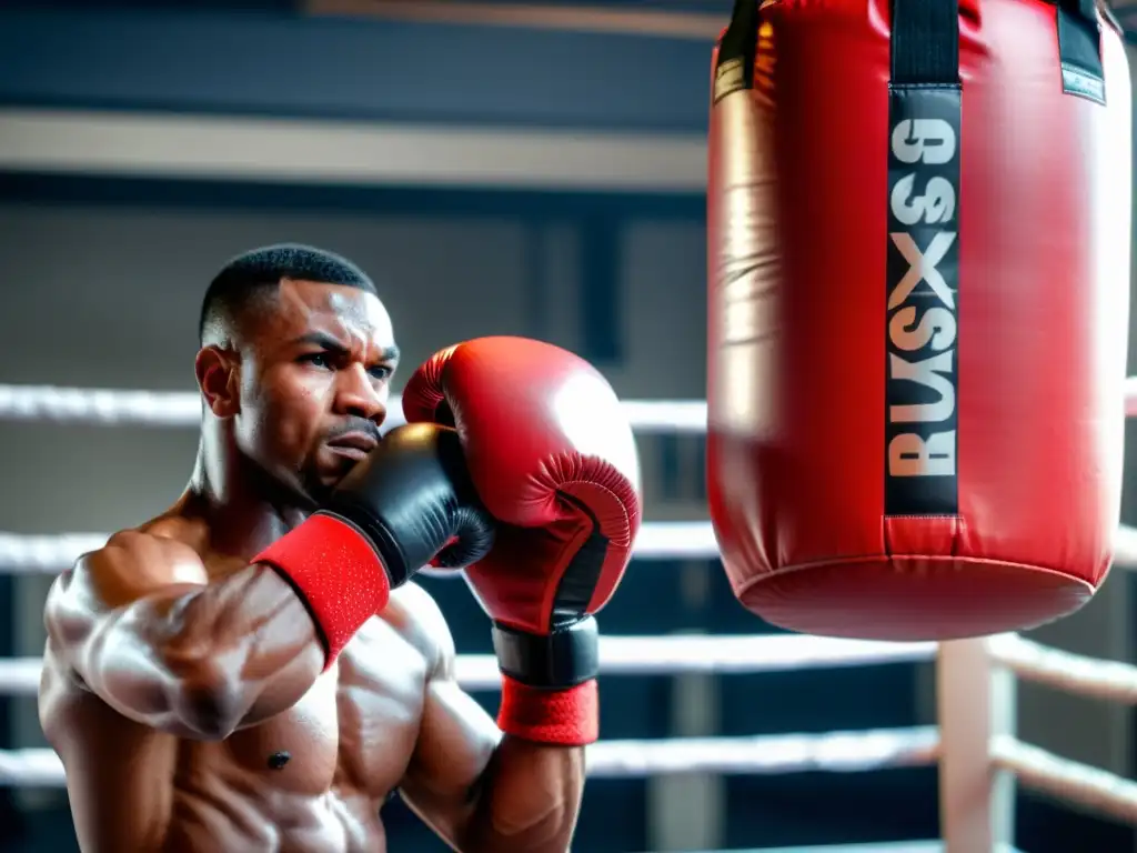 Un boxeador con puño apretado, descansando sobre un saco de boxeo desgastado en un gimnasio oscuro