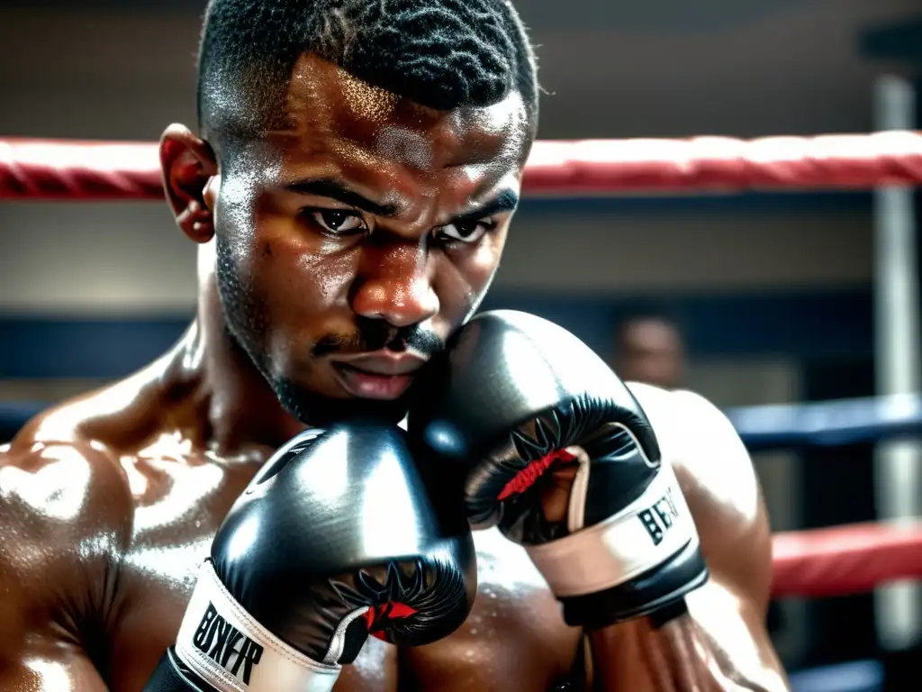 Un boxeador con vendas en las manos y guantes de boxeo, mirada firme y determinada, con un gimnasio de boxeo de fondo