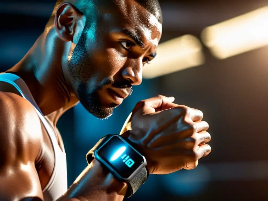 Un boxeador con determinación lleva un wearable para boxeadores, en un gimnasio tenue y sudoroso