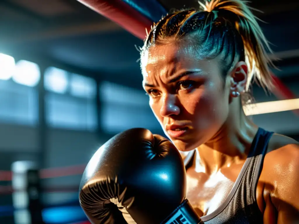 Empoderamiento y fuerza: Boxeadora intensa en el gimnasio Una boxeadora sudorosa golpea con fuerza un saco de boxeo en un gimnasio, transmitiendo determinación y empoderamiento